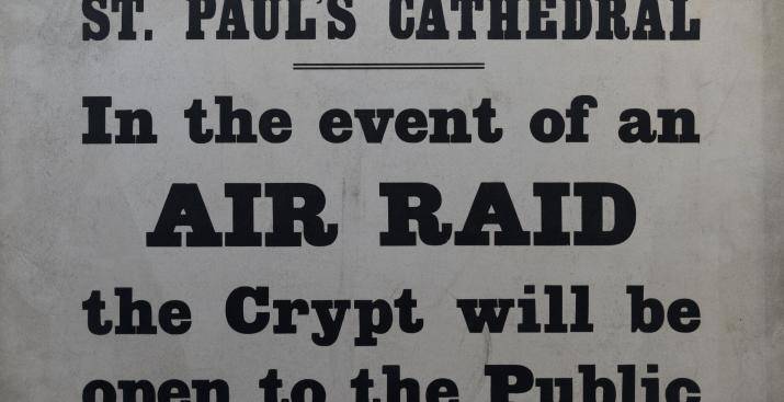 Second World War era sign relating to the use of the Cathedral Crypt as a public air raid shelter